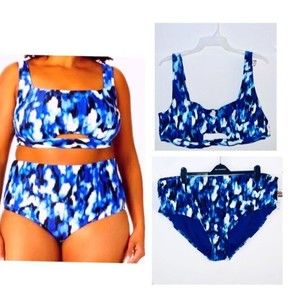 Time Tru 3X Blue Bikini Top Bottom Cut Out Square Neck Full Coverage NWT $37